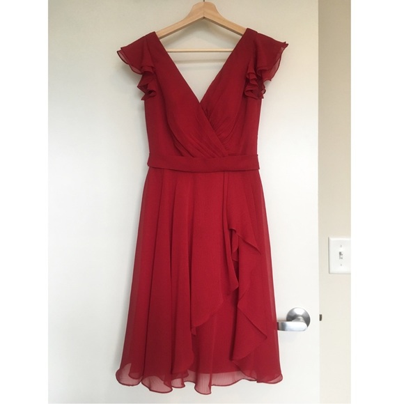 Red chiffon v-neck David's Bridal dress. Like new! - Picture 1 of 4